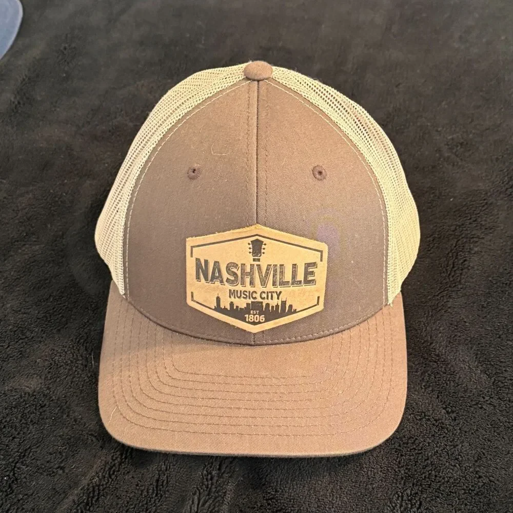 Nashville Music City Brown Trucker Hat Mesh Snapback Leather Patch Cap